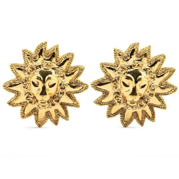 CHANEL CC Logos Leo Lion Sunburst Clip-On Earrings Gold Tone Auth w/Box D-05980 - Picture 1 of 4